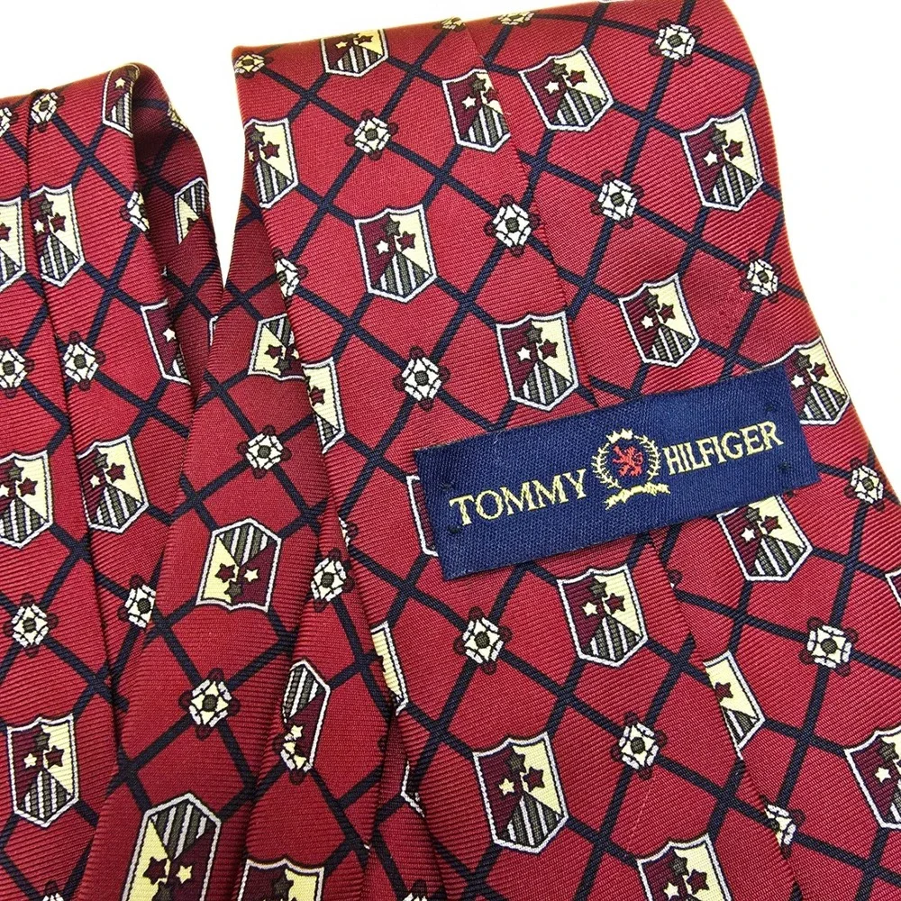 Tommy Hilfiger Mens Red Crest Lattice Silk Necktie‎ Italian Fabric Made in USA